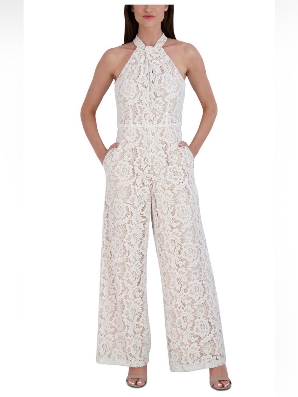 Julia Jordan Lace Twist-Neck Halter Wide-Leg Pockets Fully Lined Jumpsuit Size 6